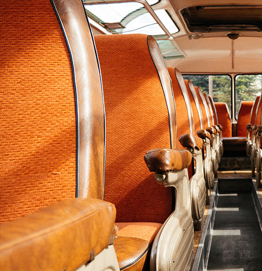 inside one of the tour buses heading to Bush House Museum